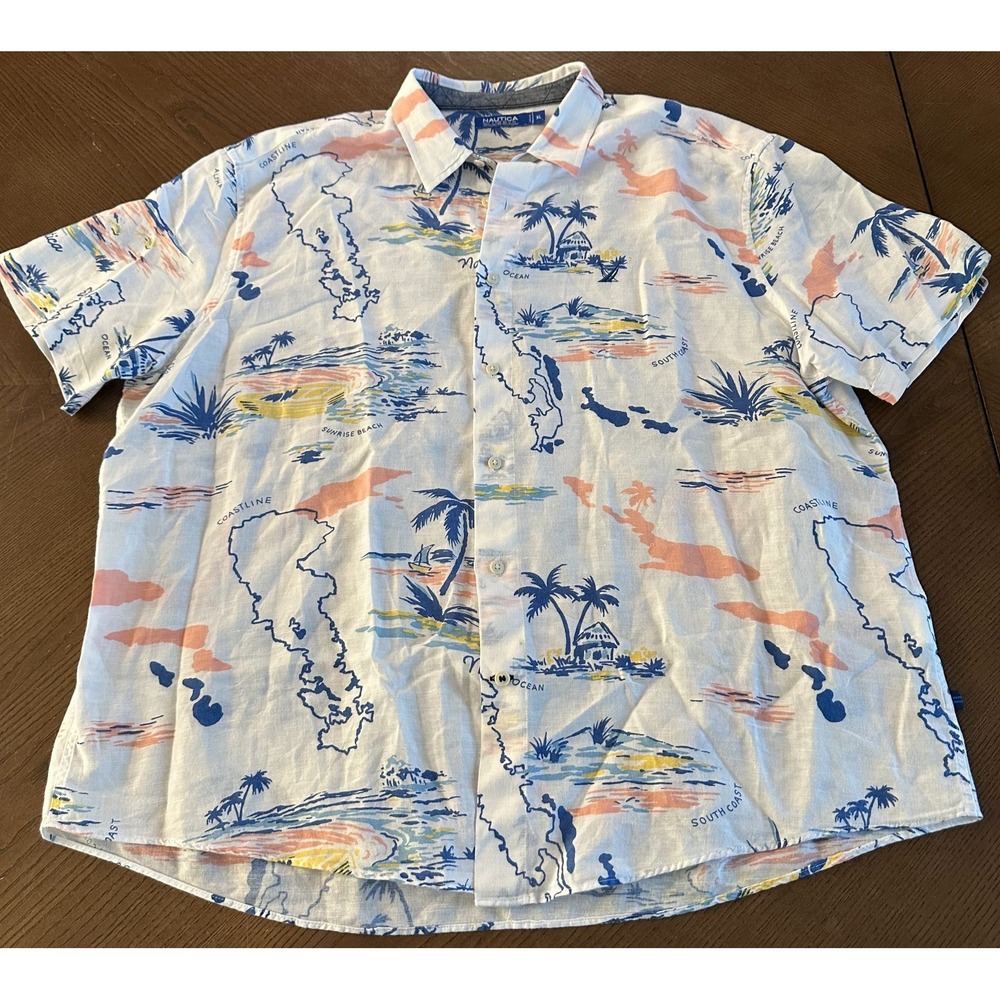 Nautica Blue Sail Men's Hawaiian Stretch‎ Shirt Size XL Hawaii Tropical Design